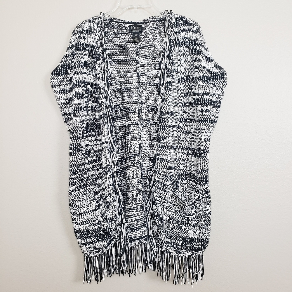 PURE HANDKNIT Double Knit Fringe Cardigan Sleevess Layer Longline